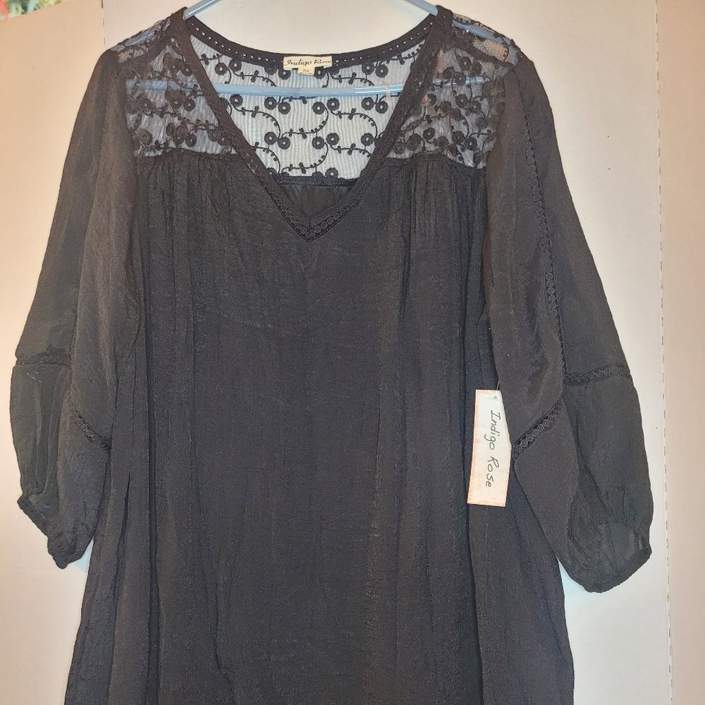 Indigo Rose Plus Size Woven Peasant Dress Boho Crochet Lace Black
